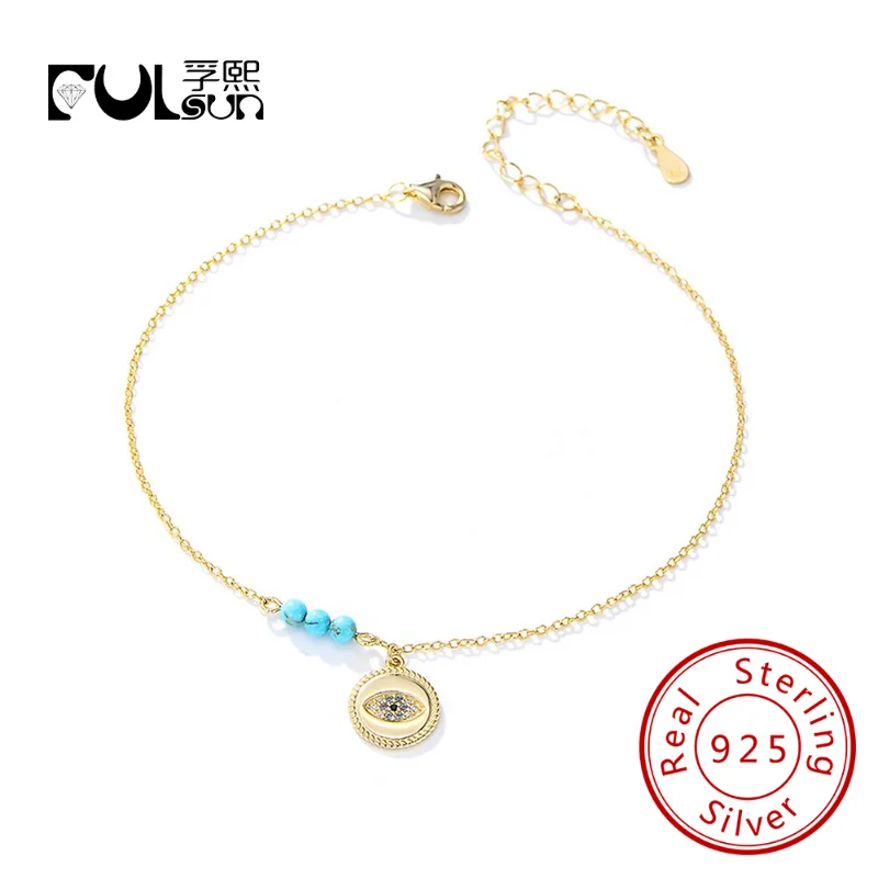 INS fine jewelry 14k 18K Gold Plated Bohemia beach Turquoise Beaded Anklet 925 Sterling Silver Devil's Eye Anklets for Women