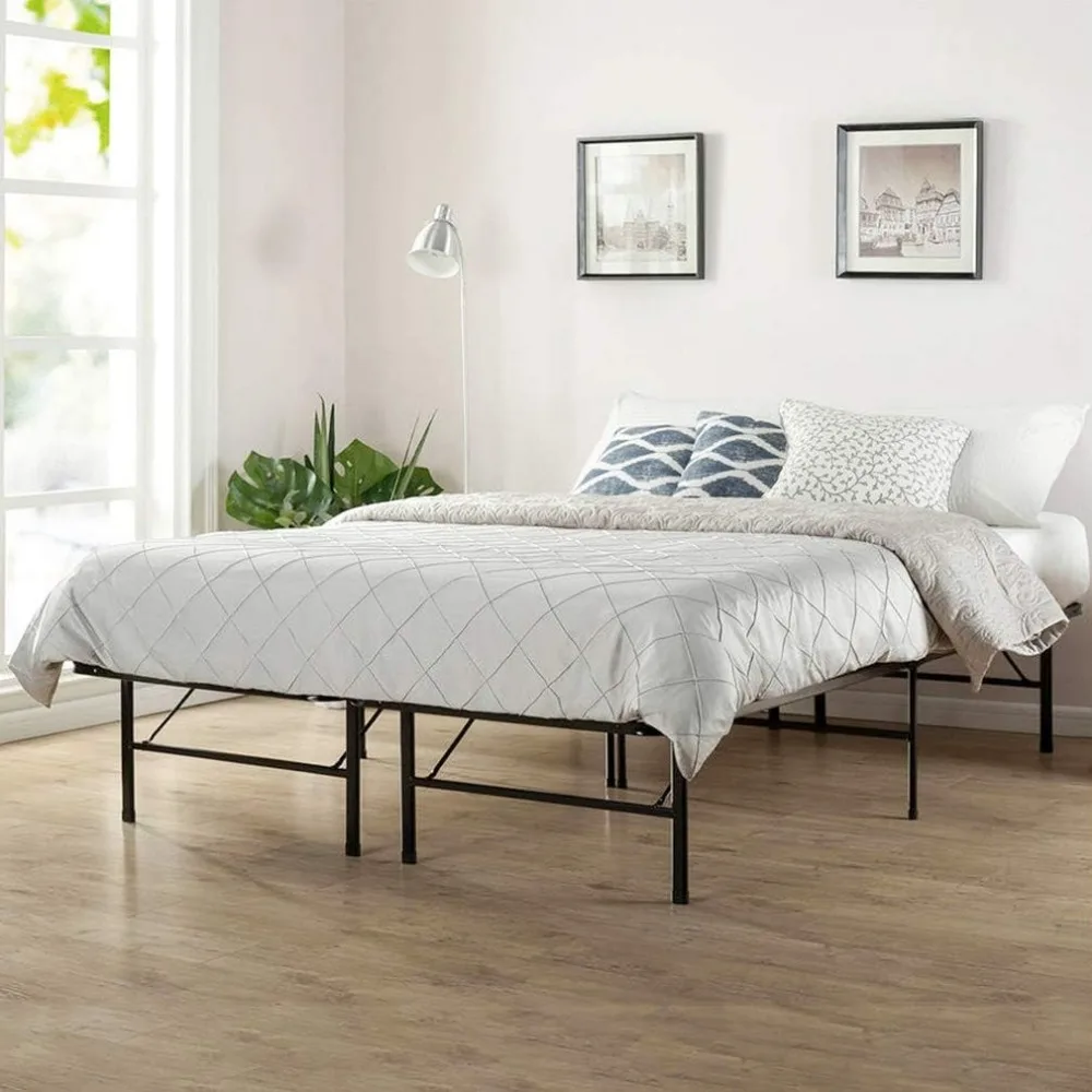 Cadre de lit à plateforme en métal Queen, 14 pouces de haut, lattes en acier robuste, sans bruit, assemblage facile, rangement sous le lit, noir