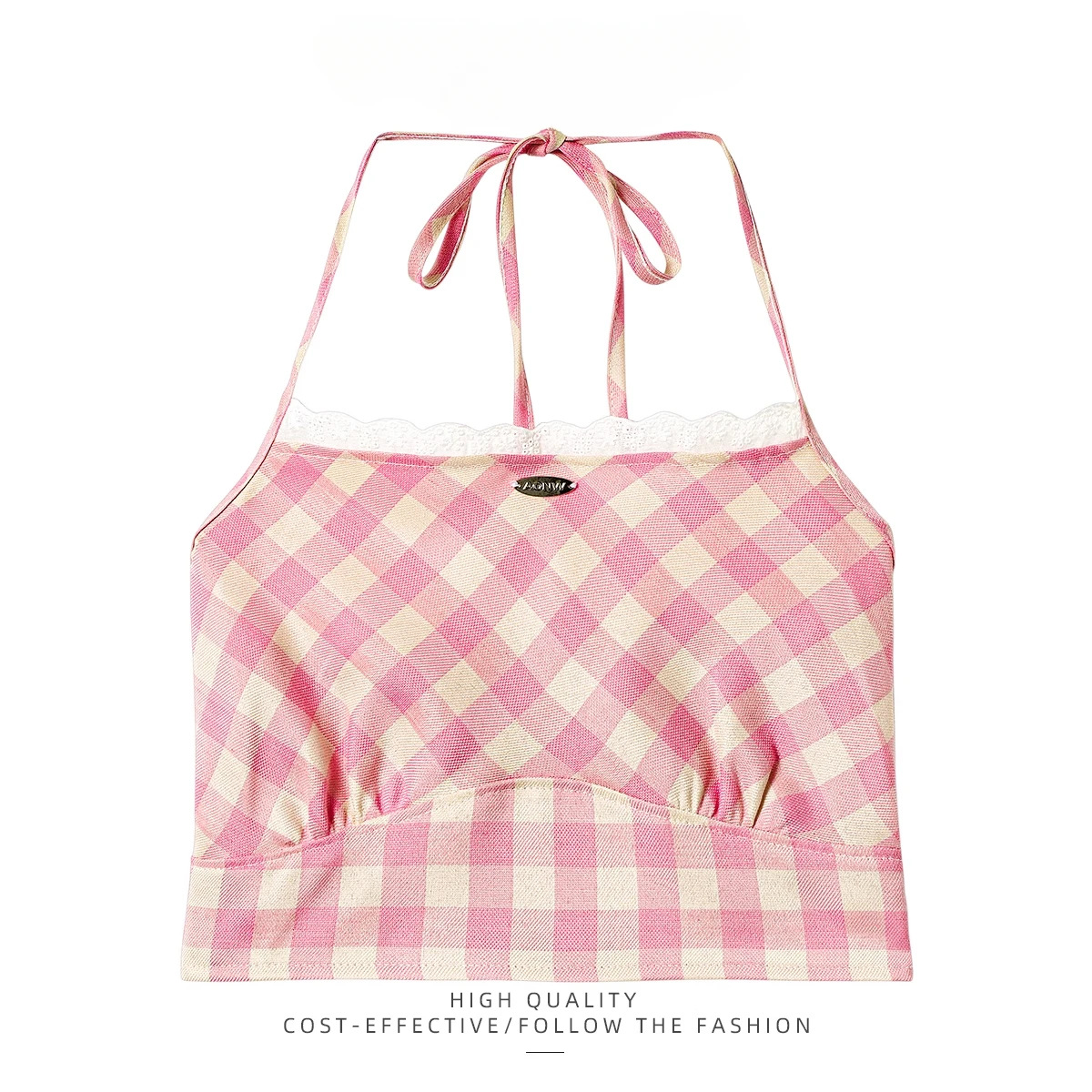 

Розовая клетчатая подвесная майка, женская весна/лето 2025, новая базовая рубашка, облегающий топ, милая крутая укороченная рубашка без рукавов Y2k