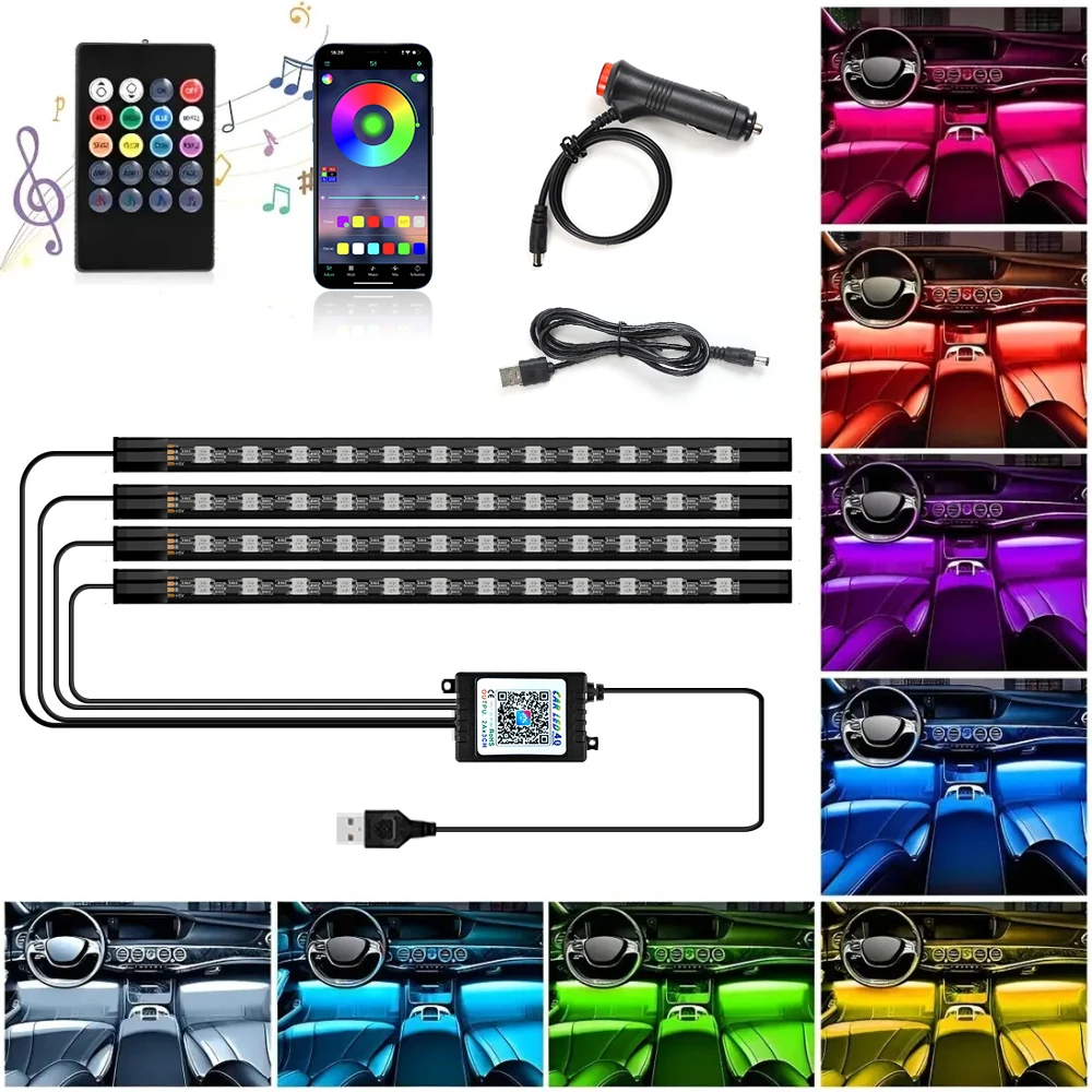72/48/36 LED RGB Car Foot Ambient Light with USB Cigarette Automotive Interior Lights Strip Decoration Bar Remote/Voice Control