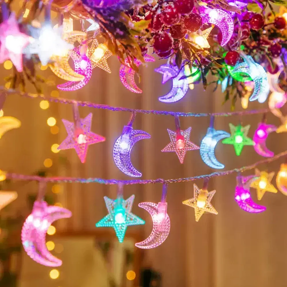 LED الملونة النجمة والقمر الديكور جو مصباح سلسلة الجنية الديكور مصباح معلق للمنزل حديقة التخييم والتجمع