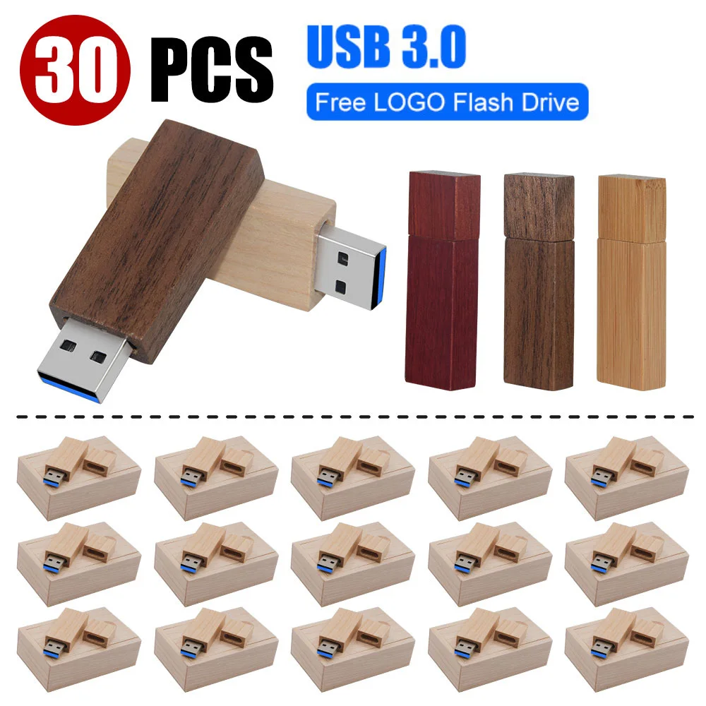 ボックス付き木製竹フラッシュドライブ,USB 3.0, 8GB, 16GB, 32GB, 64GB, 128GB,無料のカスタムロゴ,個人用,30個/バッチ