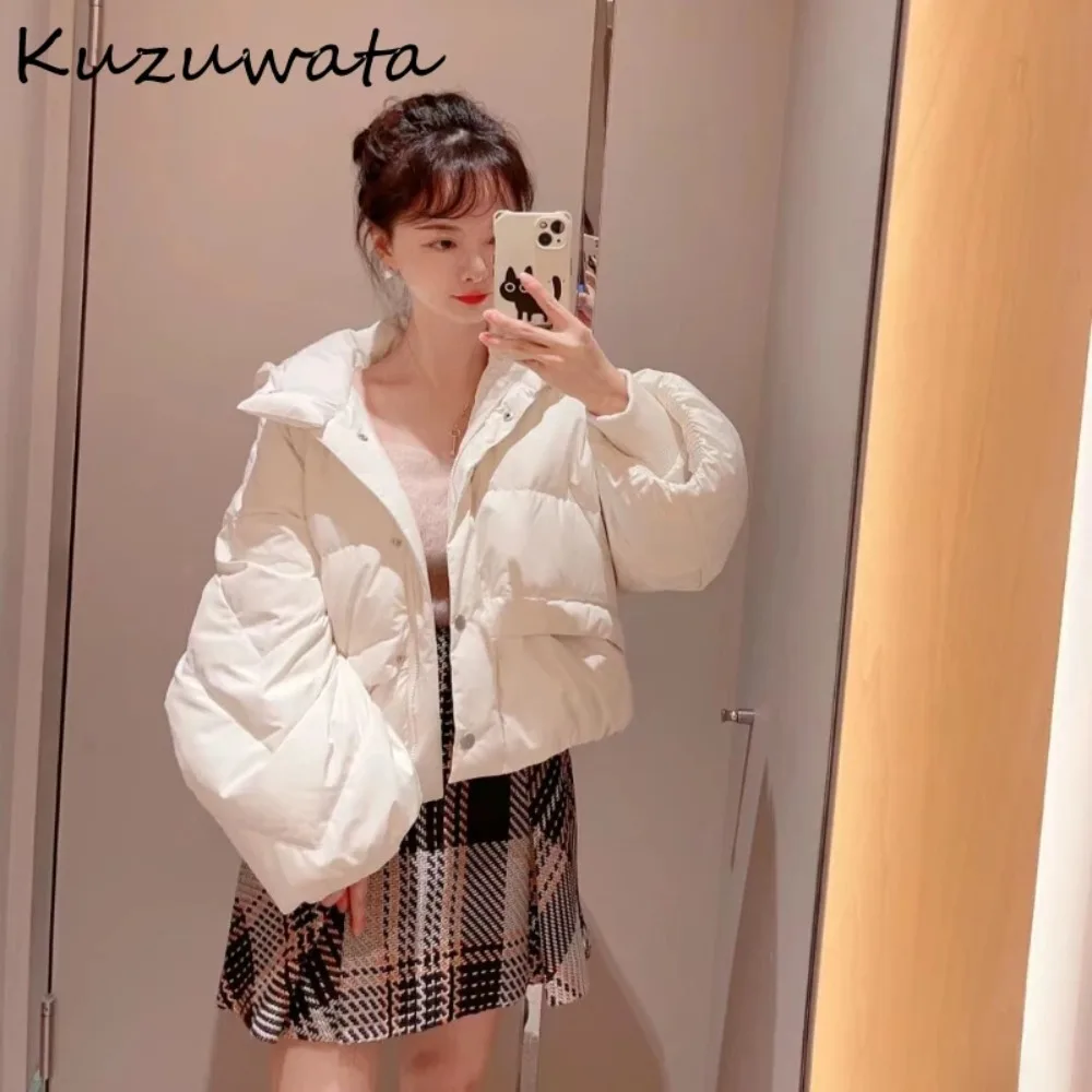 Kuzuwata New Hooded Thicked Warm Long Sleeve Jacket Single Breasted Sweet Drawstring Down Coat Japan Moda Elegant Solid Outwears