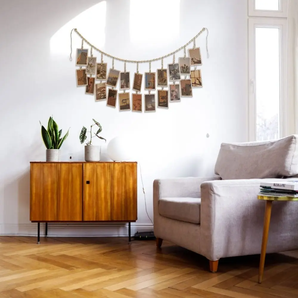 Wall Hanging Picture Display String Wooden Tassel Clips Photo Holder Photo Display Wooden Bead Home Bedroom Dorm Wall Decoration