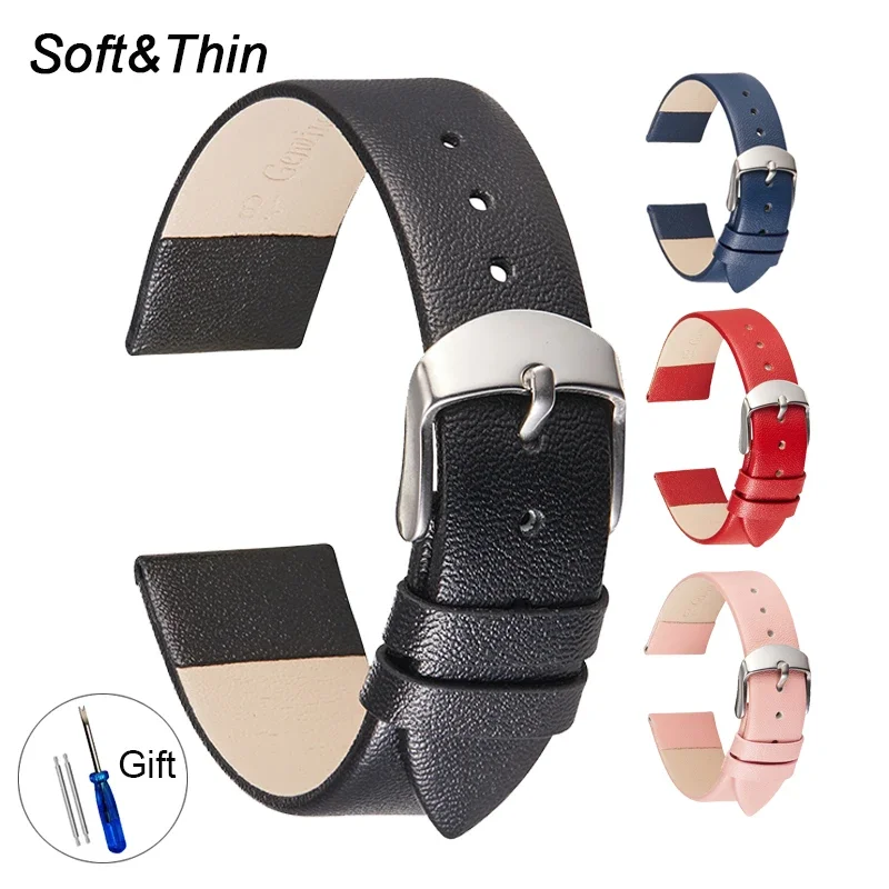 Leather Watch Band 14mm 16mm 18mm 20mm 22mm Thin Smooth Watch Straps Belt Bracelets Soft Comfortable Leather Strap