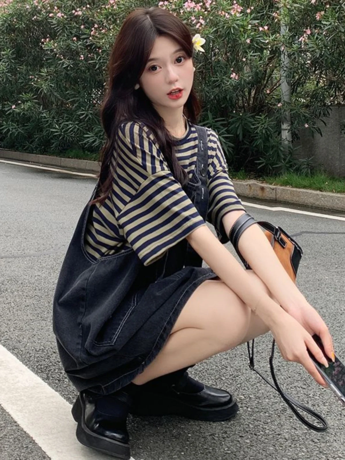 

plus Size Denim Overalls Set Women Summer Slimming Striped Dr Two Piece Set round Ne ort Sve Casual Faion Ensemble