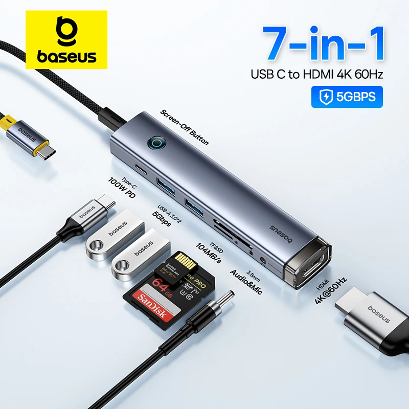 Baseus USB C Hub to HDMI 4K 60Hz USB Type C 3.0 RJ45 PD 100W USB 3.0 SD TF Card Slim Adapter USB C Dock for MacBook PC USB HUB