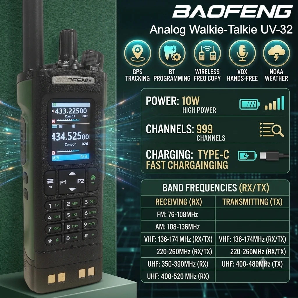 Baofeng-UV32 1000-Channel Transceiver - Dual-band (VHF/UHF), NOAA, VOX & 350g Lightweight Design