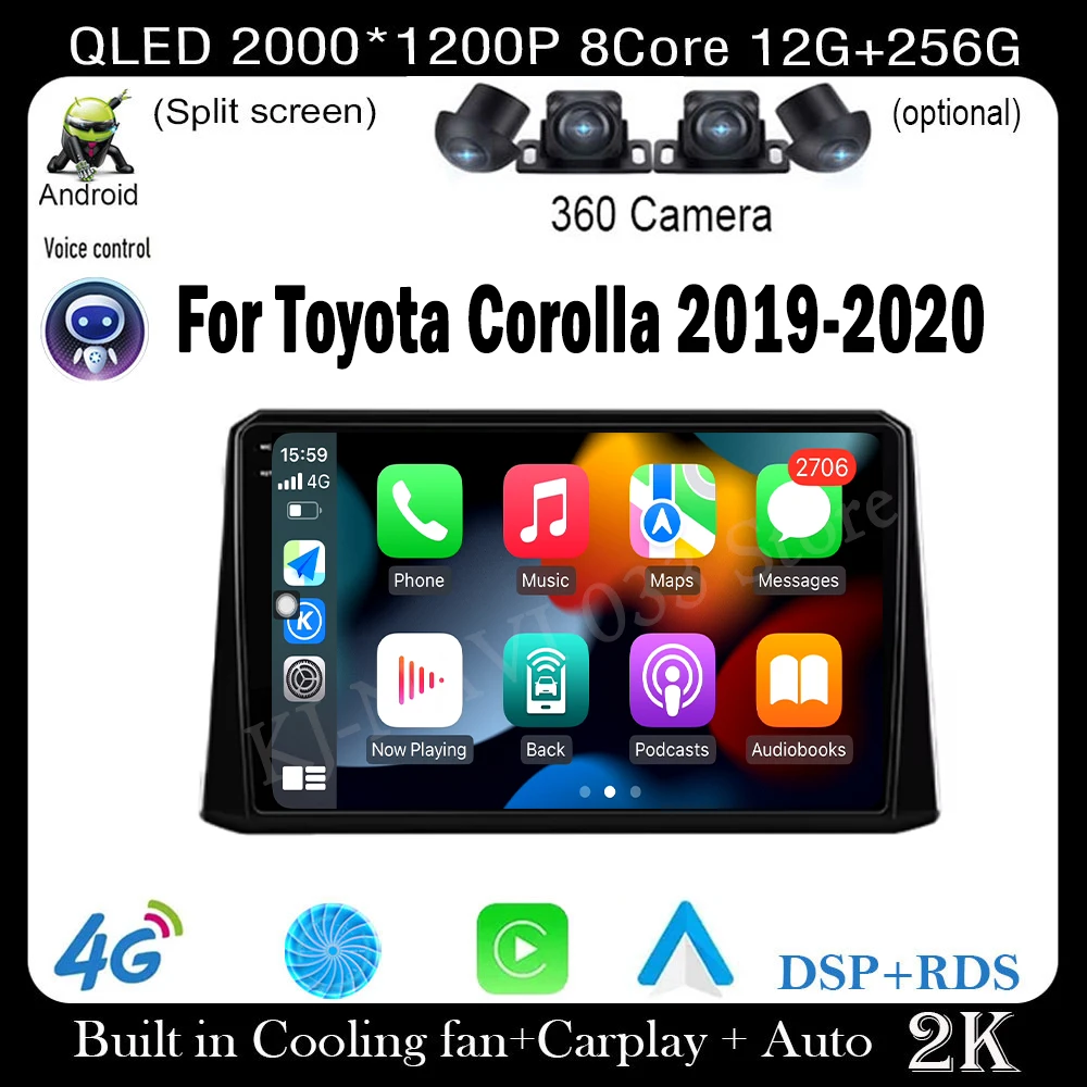 For Toyota Corolla 2019-2020 Auto GPS Navigation Android 14 WiFi lPS/QLED Screen RDS Stereo Radio CarMultimedia Player 4GLTE