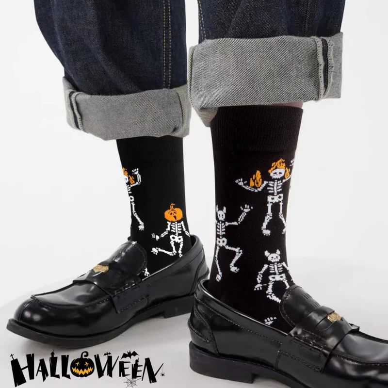 Meias longas para mulheres e homens, Presentes de Halloween para mulheres, Spooky Fuzzy, Horror Pumpkin Skeleton