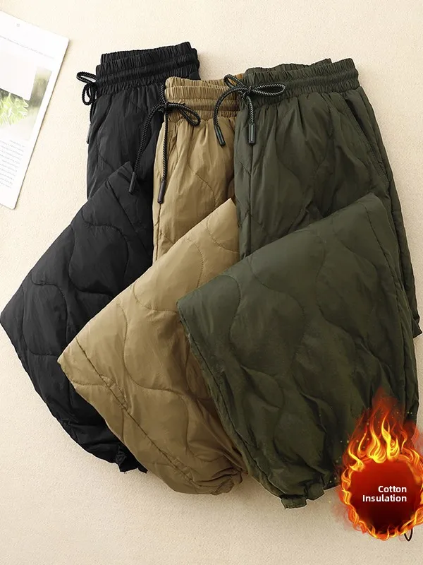 

Artistic Sle Loose Fit Cotton Trousers with Elastic Waist Diamond Stitching Filled Warmth Large Size Women's Faion Autumn...