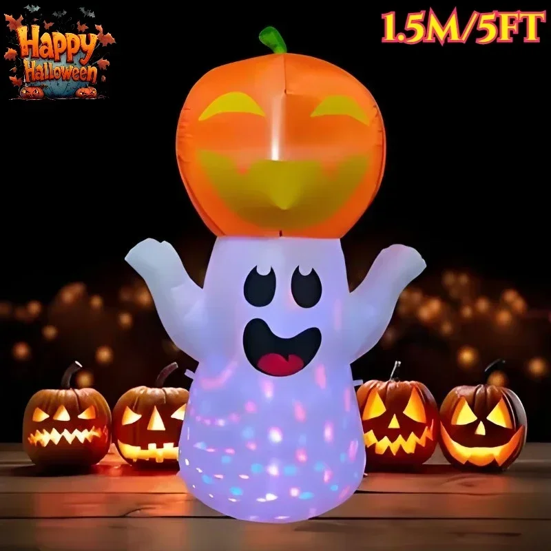 

1.5M Halloween Inflatable Pumpkin White Ghost Model Festival Decortaion Built-in LED Light For Holiday Outdoor Party Garden Lawn