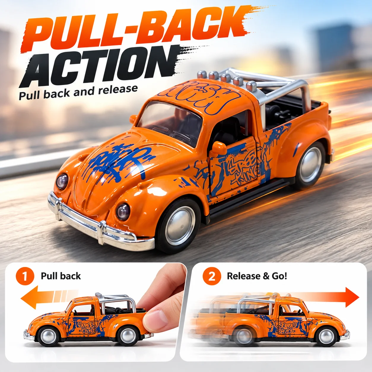 (Corrugated box) 1/43 scale, Vintage Modified Pickup style toy car, powerful recoil, metal casting, the best gift.