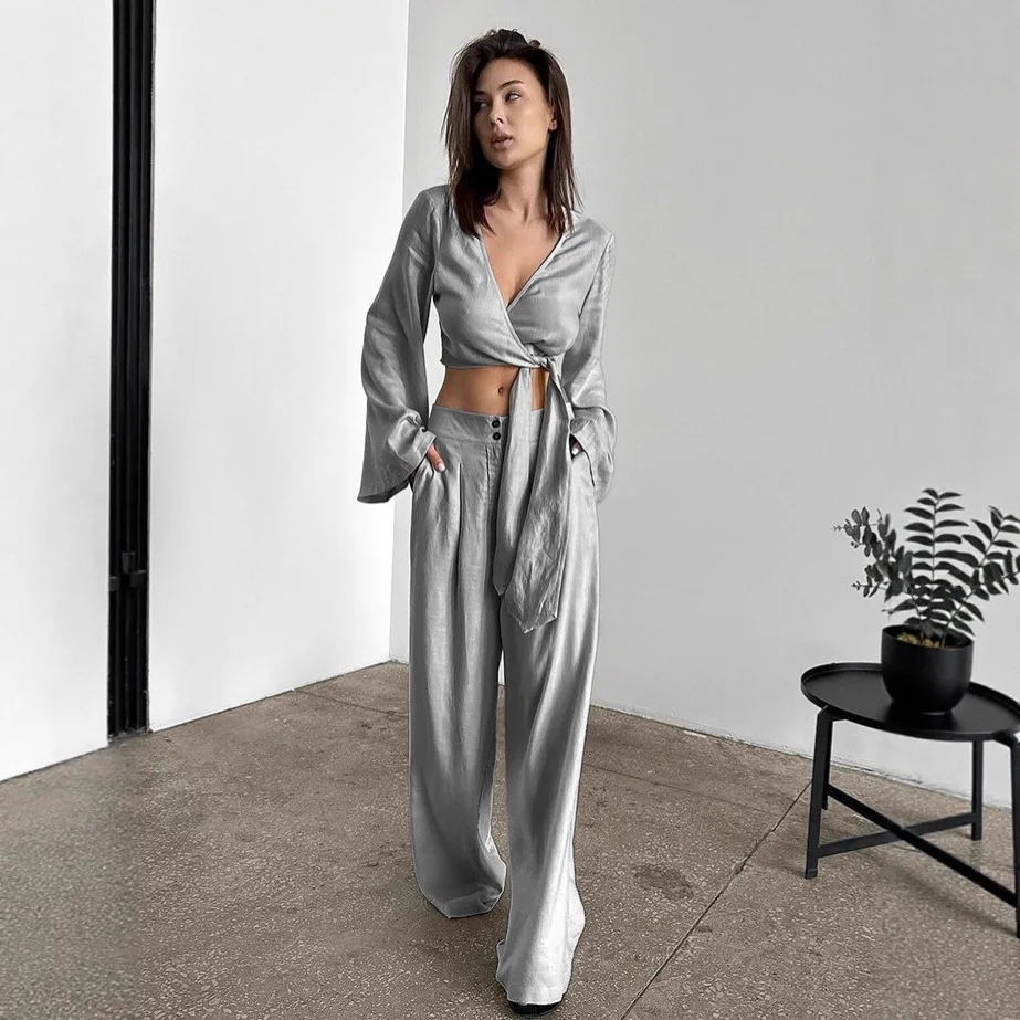 Abito da donna in 2 pezzi autunno grigio con lacci scollo a V manica svasata cardigan da donna a vita media pantaloni lunghi a due bottoni per signora