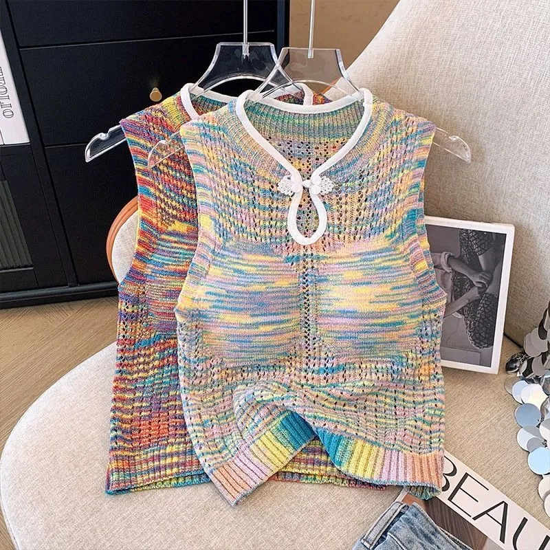 Chinese Style Buckle Hollow Out Rainbow Stripe Sleeveless Knitted Sweater Vest Women's 2024 Summer Slim-fit Chic Short Top