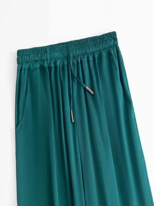 2025 Women's Early Autumn New Blue Green 93% Natural Mulberry Silk Elastic Double Qiao Satin Casual Versatile Straight Leg Pants