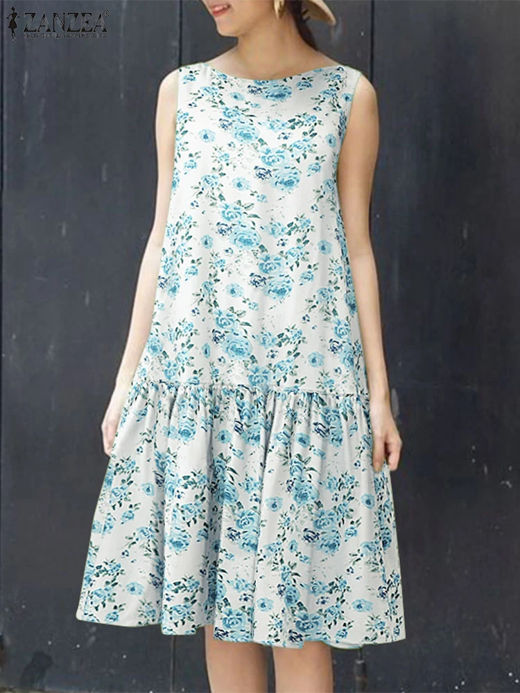 ZANZEA bohème imprimé fleuri robes femmes été Robe d'été mode sans manches à volants genou longueur fête robes Robe Femme