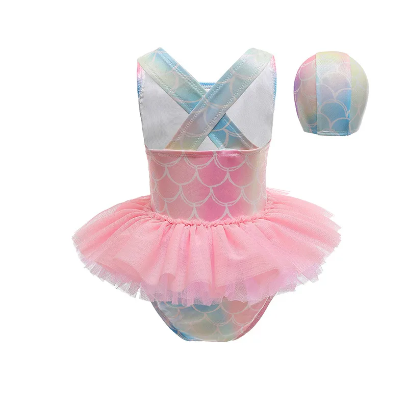 Girl TUTU Dress Swimsuits Sparkly Design Kids Beachwear With Swimcap Size 100-140 Little Girl Summer Beach Suits