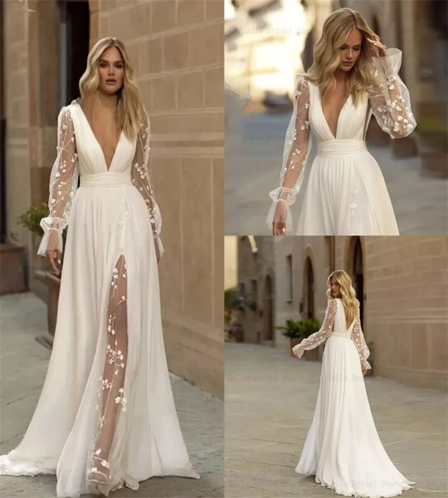 Gatsby Boho Wedding Dresses Deep V Neck Illusion Long Sleeve Lace Bride Dress Fairy Beach Bohemian Bridal Dress Sexy Customized