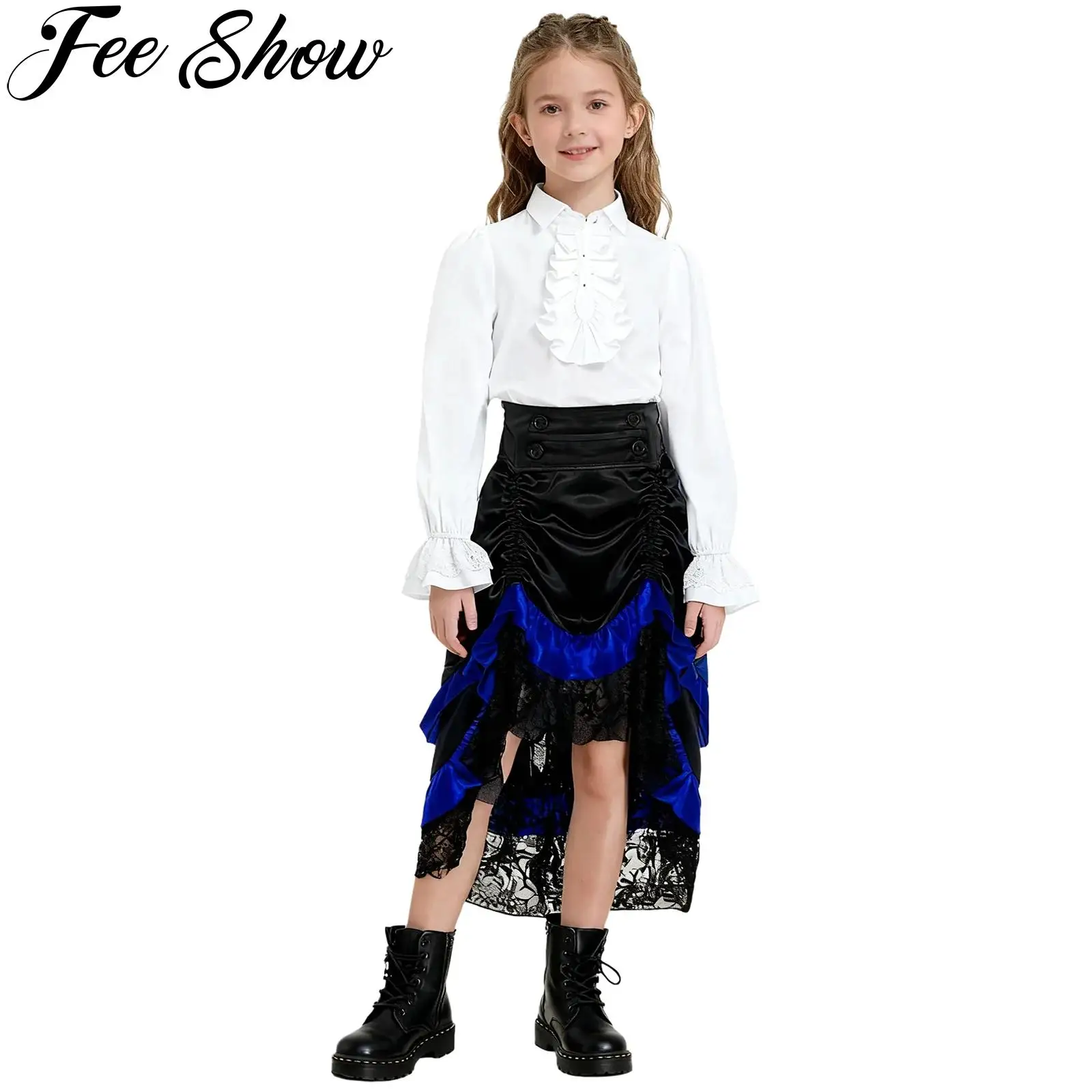 Kid Girls Medieval Renaissance Steampunk Victorian Pirate Vampire Princess Cosplay Costume Long Sleeve Ruffle Shirt Gothic Skirt
