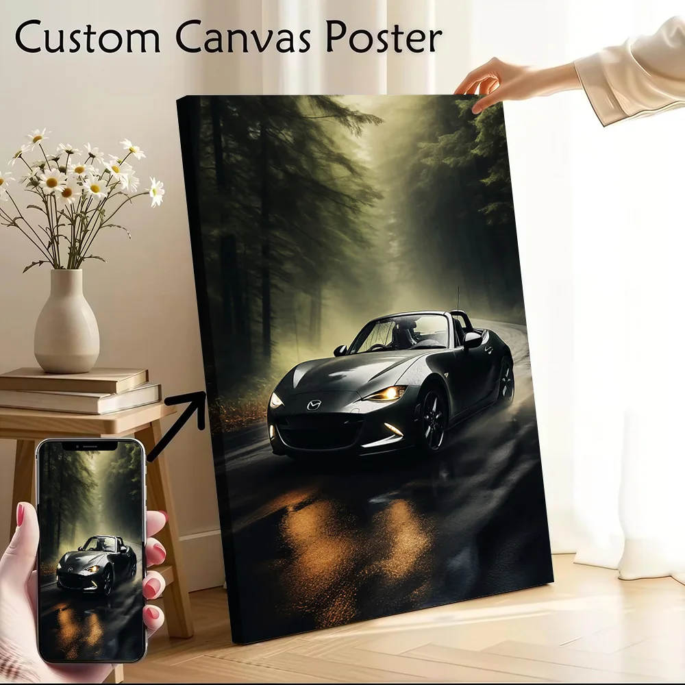 Sports Car Miata Driving in Forest Canvas Poster Customizable Pictures Wall Art Canvas Painting for Wand Deko Decoration Gaming