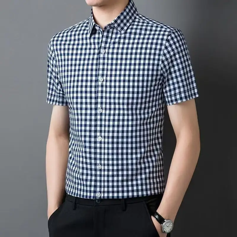 New 2026 Men's Casual Plaid Short Sleeve Shirt Thin Non-iron Korean Style Business T-shirt Summer Slim Fit Daily Wear