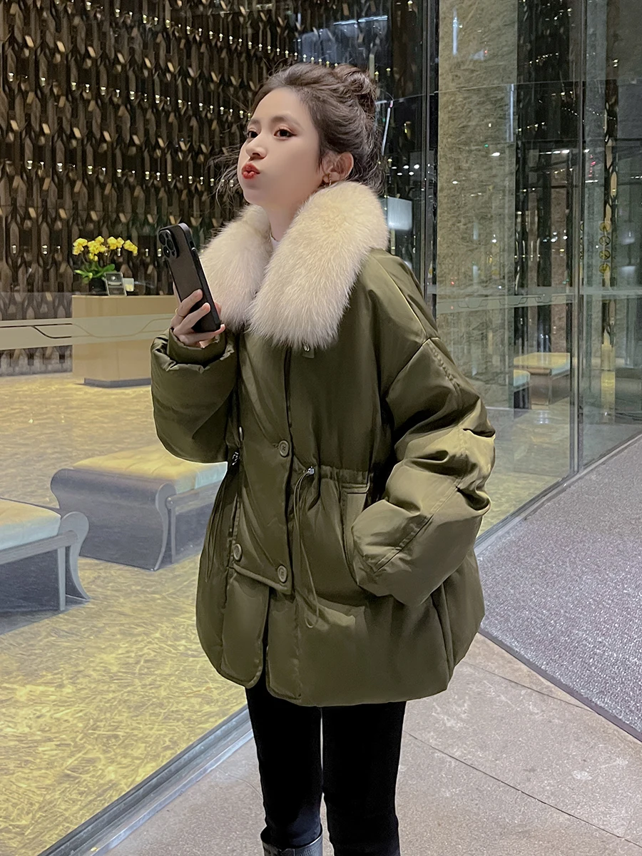 

Military een Women's ort Thiened down Jaet 2024 Winter New Sle Du Feather Large Fur Collar Korean Sle Coat
