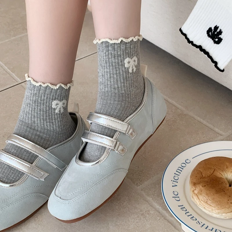 

Knitted Cotton Women Short Socks Japanese Style Solid Color Low Tube Socks Cute Bow Sweet Girls Lolita Kawaii Ruffle Socks Women