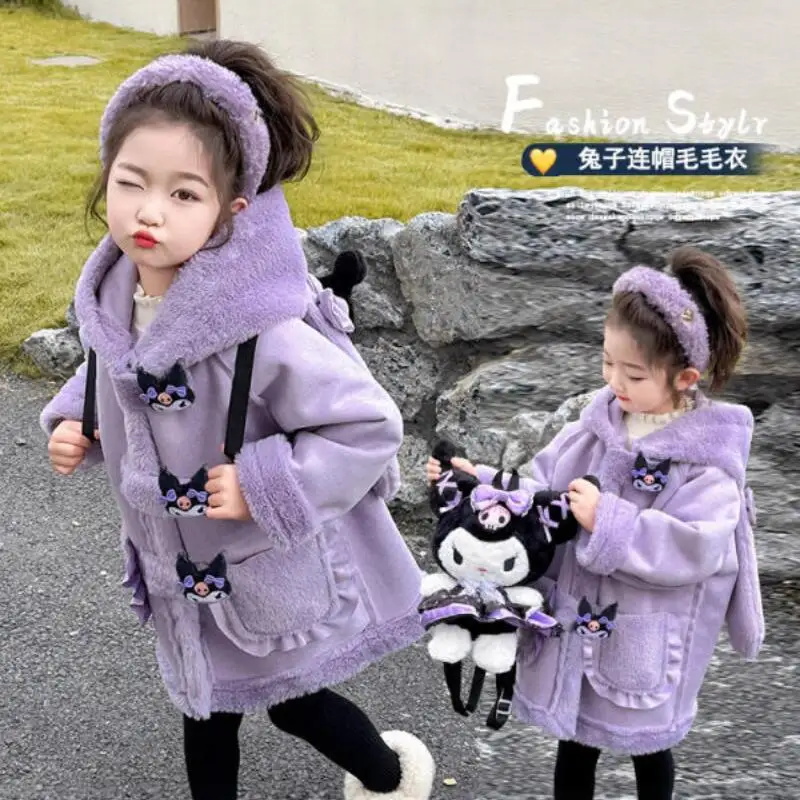 

Sanrio Girls Coat Autumn Winter Fur One-Piece Kuromi Anime Cute Fur Coat Baby Girl Warm Plus Velvet Coat Winter Coat Trendy Gift