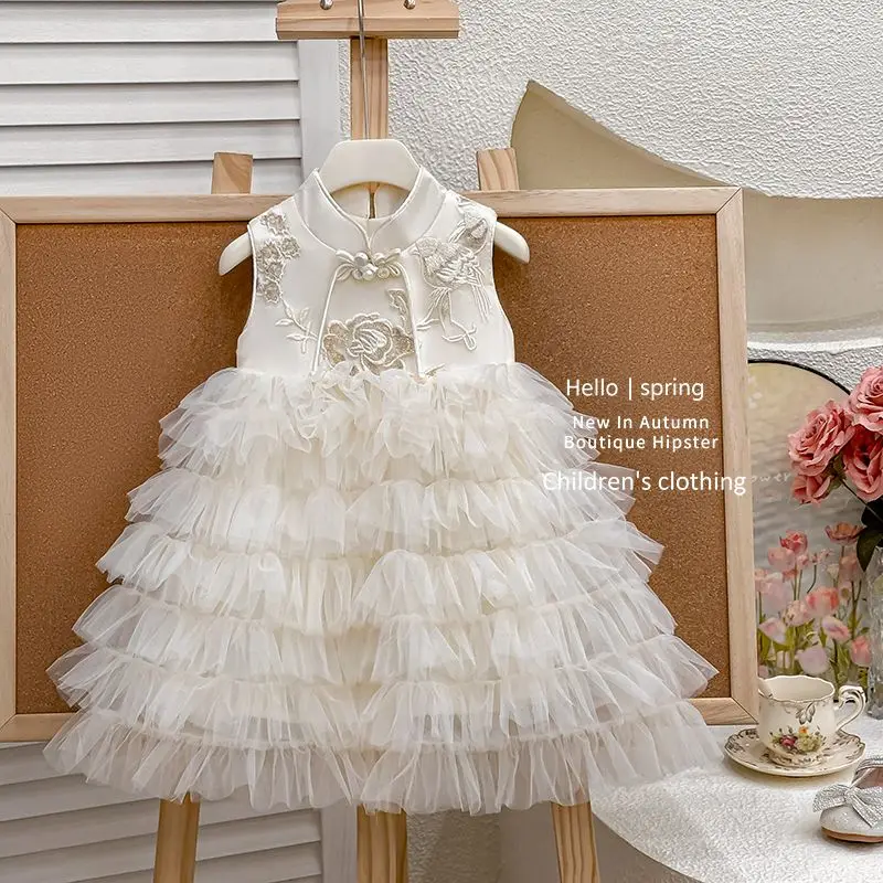 

Летнее милое бальное платье принцессы для маленьких девочек, многослойное платье с цветочной вышивкой, белая одежда для дня рождения, сетчатое длинное платье, сарафан
