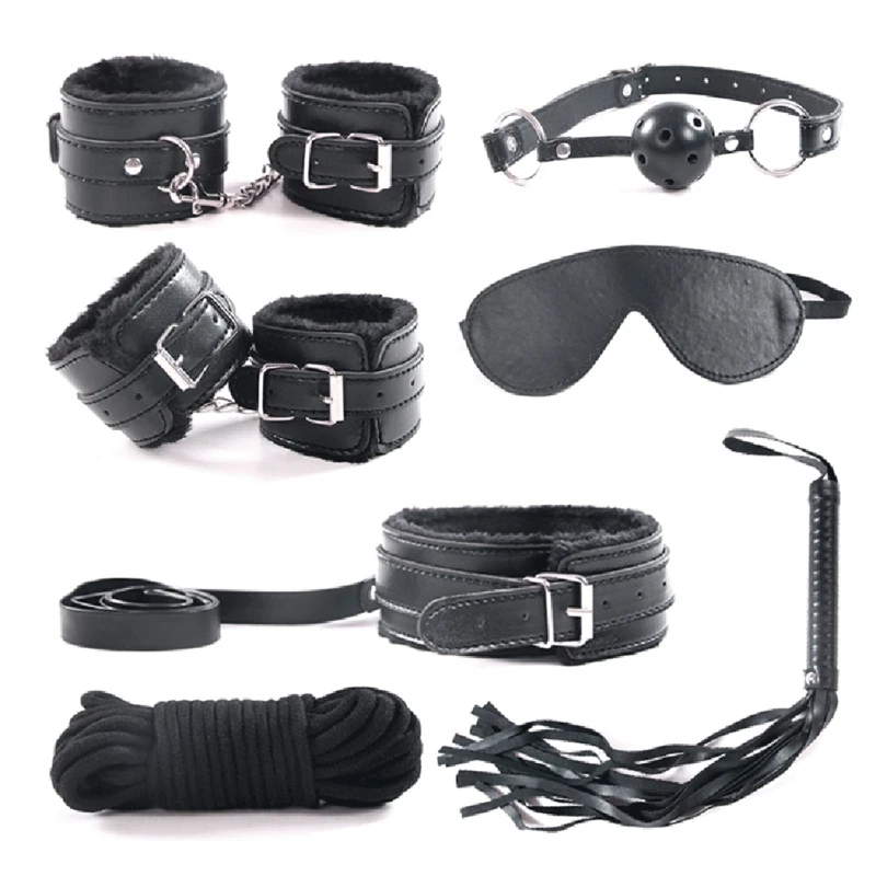 

20RF 1Set BDSM Restraint Fetish Collar Handcuff Bondage Whip Paddle Vibrator Nipple Clips Sucker Butt Plug Mouth Gag Adult