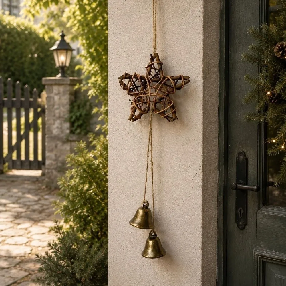 Pastoral Style Rattan Woven Wind Chime Textured Frame Five-pointed Star Vintage Bell Pendant Hand Woven Tinkling Sound