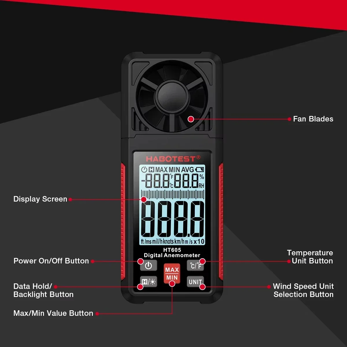 HABOTEST HT605 605s Digital Anemometer Portable Wind Speed Meter Windmeter LCD Backlight Display Temperature Humidity Meter