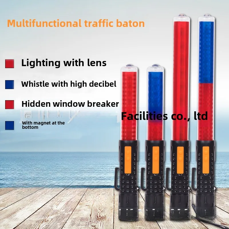Rechargeable Red and Blue Traffic Baton LED Flash Warning Light Fire Glow Stick Magnet Whistle Emergency Lighting