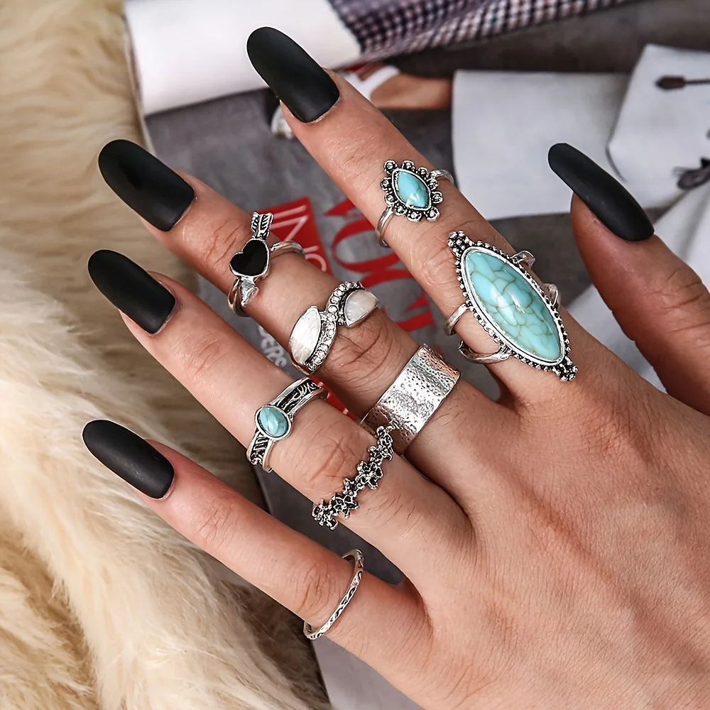 8 pieces of retro carved totem synthetic turquoise black heart joint ring combination - Western rural storm West Asia accessorie