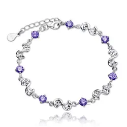 JewelryTop Store 925 Sterling Silver Bracelet Jewelry White Purple Retro Wedding Shaped Cubic Zirconia Length 17CM+4CM