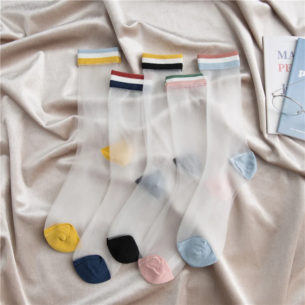 5-7 Pairs Summer New Women's Japanese Rainbow Stripe Glass Silk Socks Fashion Girls Cute Thin Breathable Crystal Silk Socks