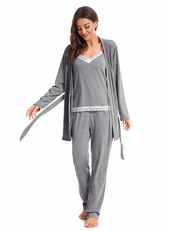 Cotton Three-Piece Sleepwear Set Nightgown Tank Top Robe Long Sleeve V-Neck Leisure Home Clothes for Youth Autumn Season