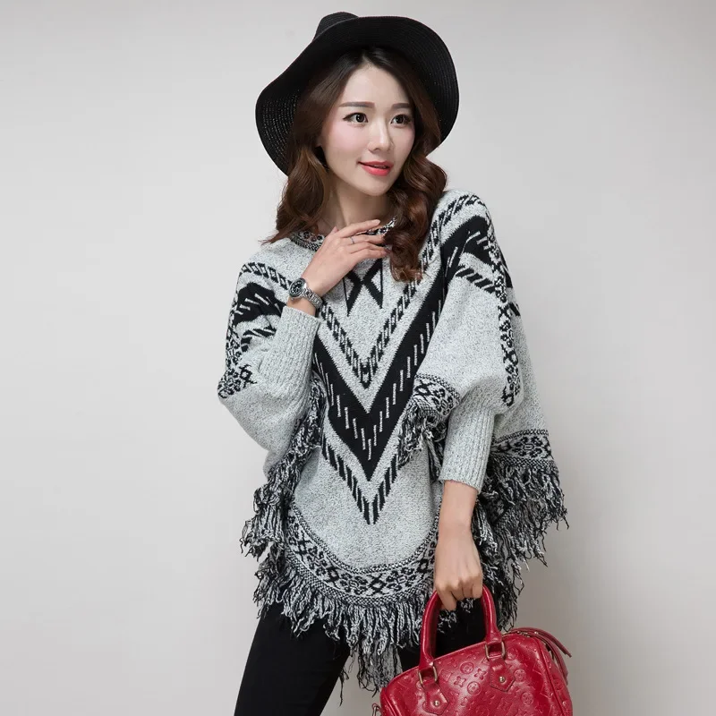 Autumn Winter New Korean Pullover Cloak Sweater Women Shawl Tassel Cloak Warm Windproof Poncho Lady Capes Knitting White Cloaks