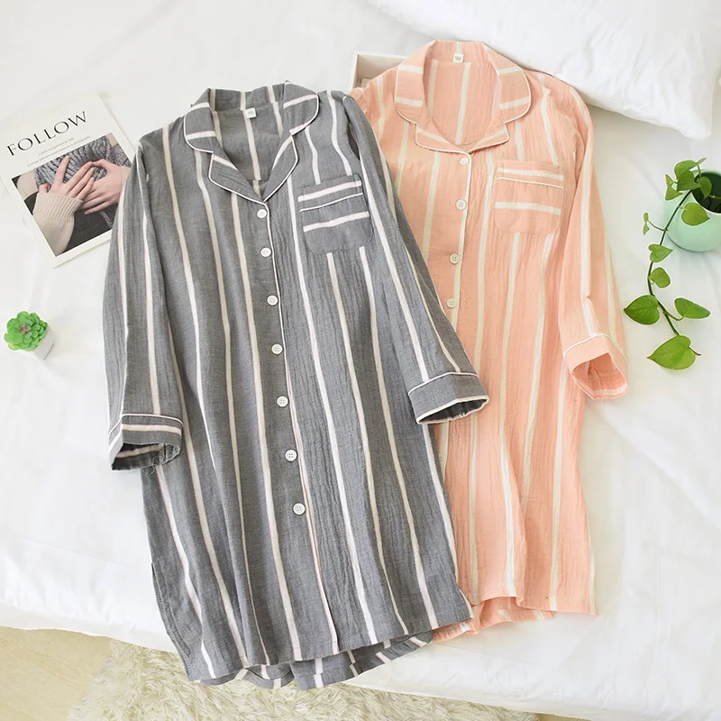 2024 Spring and Summer New Long-Sleeved Nightgowns Cotton Women\'s Mid-Length Cotton Sleepshirts Home stripe Knee-Length