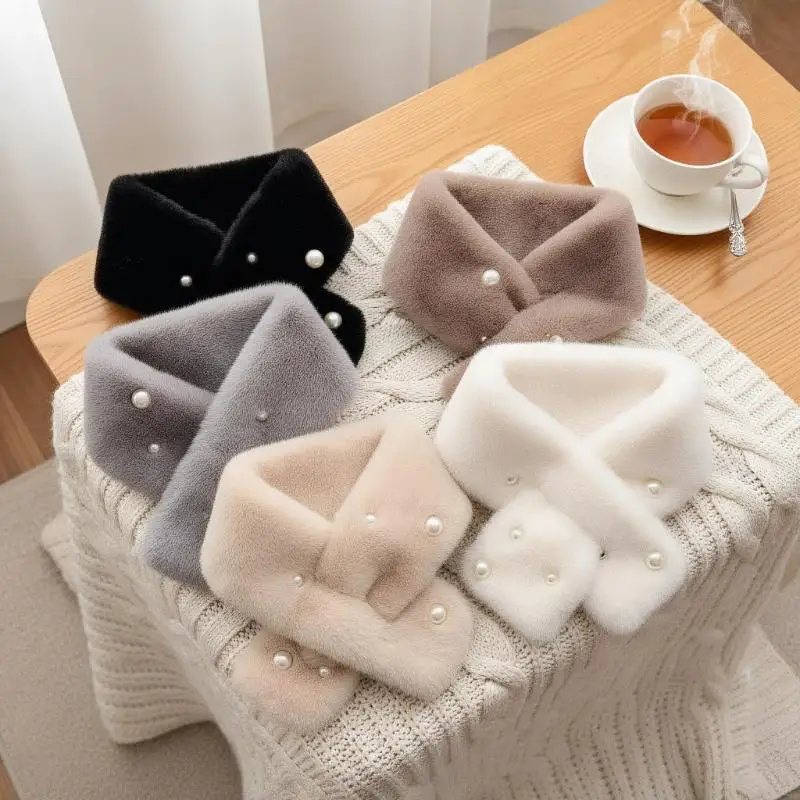 Women Fluffy Rabbit Fur Cross Scarf Winter Warm Neck Cover Collars Scarves Korean Girl Windproof Pearl Plush Snood Neckerchief
