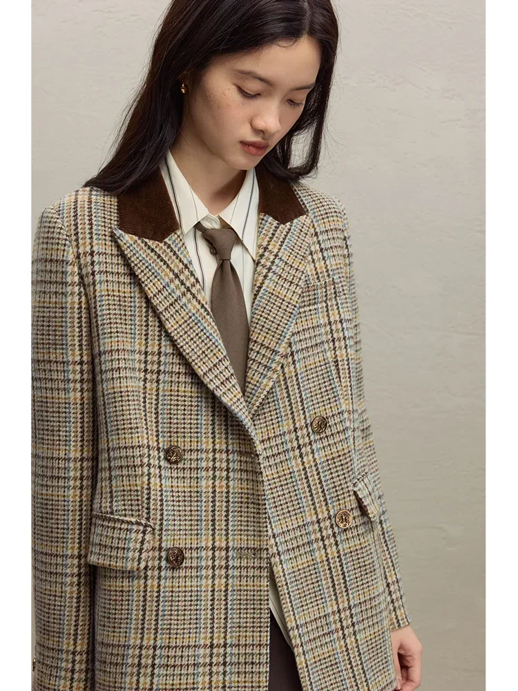 ZIQIAO 100% Wool Brown Retro Woolen Suit Jacket For Women\'s 2023 Winter New Plaid Short Jacket Solid Women Jackets Casual