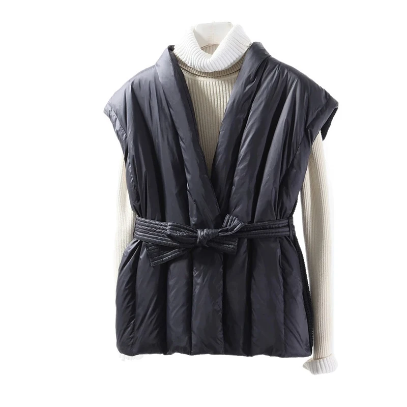 Schinteon feminino pato branco para baixo tricô lã colete outono inverno quente sem mangas jaqueta estilo coreano luxuoso topo 2025 novo