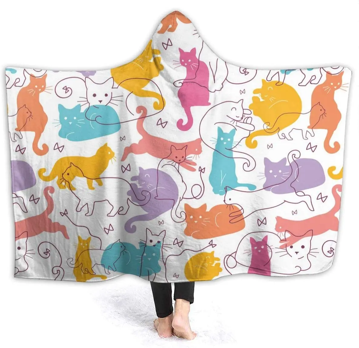 Cute Colorful Cat Hooded Blanket Anti-Pilling Flannel Wearable Blanket Hoodie-Plush Warm Throw Blankets for Kids Adults Teens