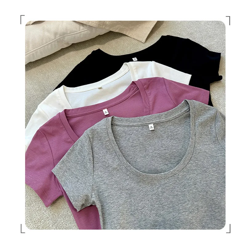 Camiseta informal de algodón para mujer, camisetas de manga corta, ropa de moda para mujer, camiseta básica ajustada con