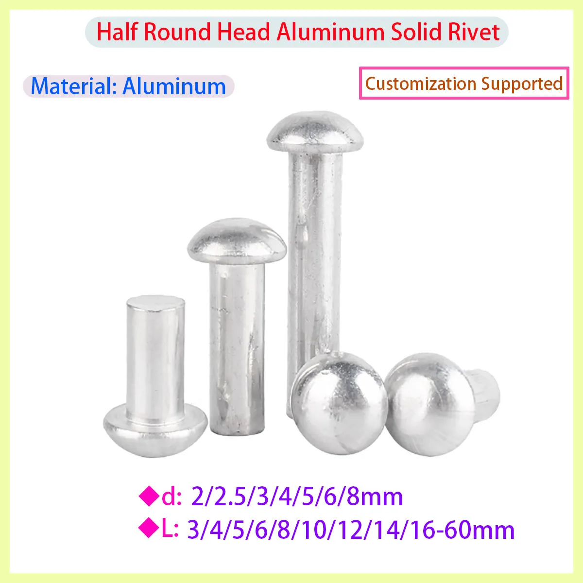 

Half round head hammer type solid rivet, aluminum solid round head rivet 2/2.5/3/4/5/6/8mm