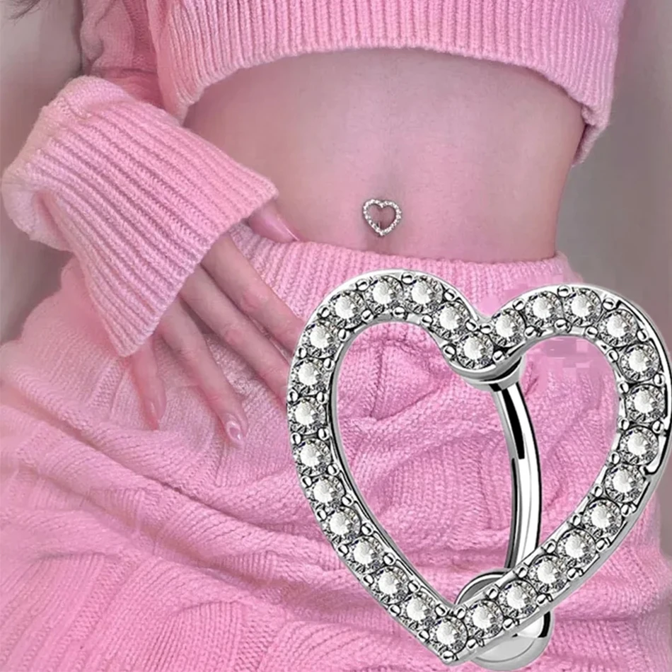 1/2Pcs Titanium CZ Heart Reverse Belly Button Rings for Women 14G Belly Ring Zircon Navel Ring Sexy Belly Piercing Jewelry