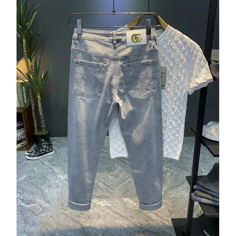 Pantalones vaqueros finos elásticos para hombre, pantalón de tubo de lujo, de alta gama, color gris, 2024