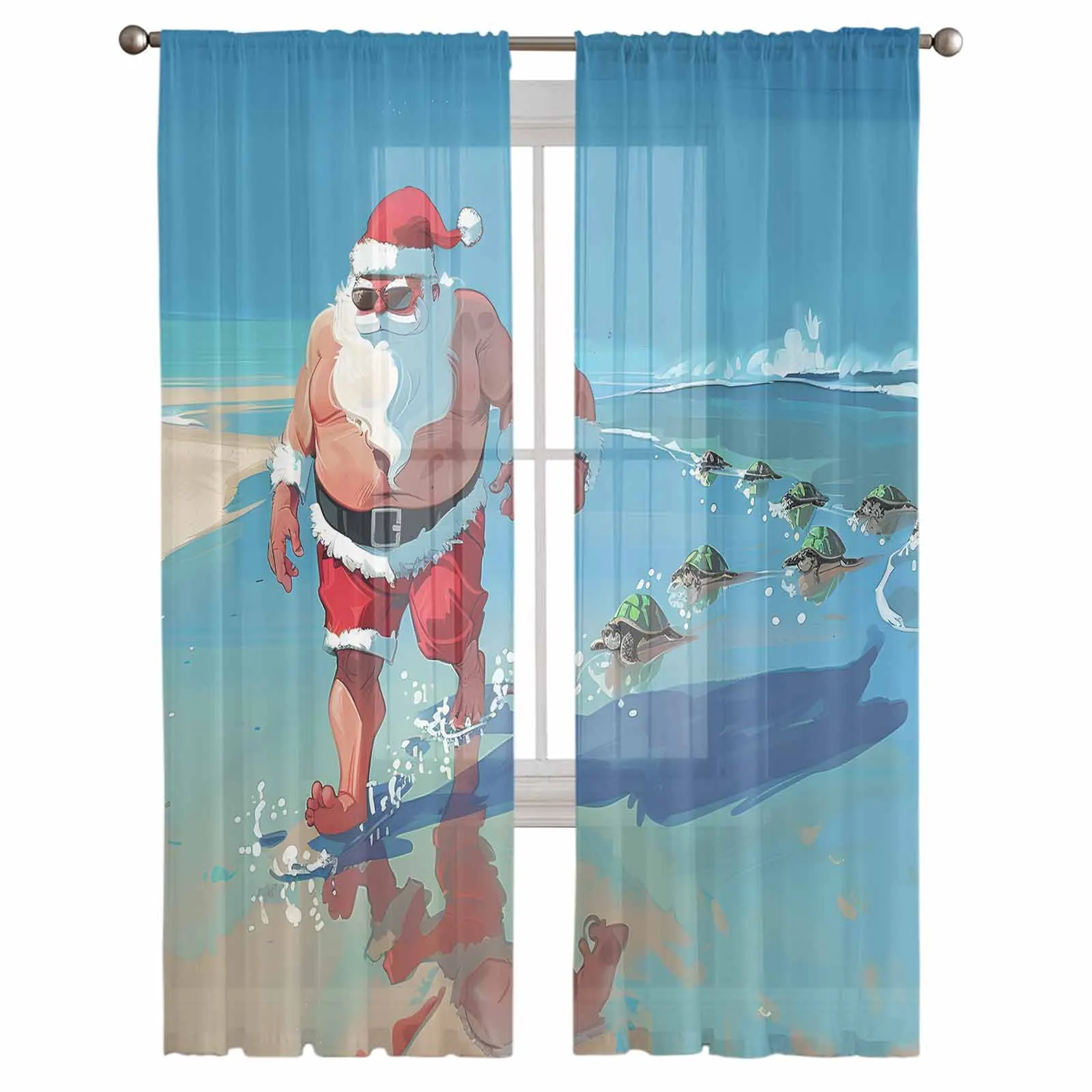 Christmas Beach Turtle Santa Claus Window Treatment Tulle Modern Sheer Curtains for Kitchen Living Room Bedroom Curtains Decor