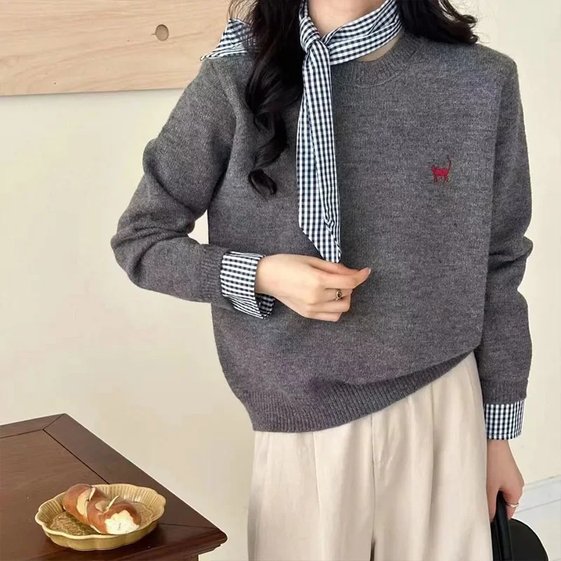 

Autumn New Fashion Fake Two Pieces Shirt Sleeve Sweaters Vintage Loose Commute Pullovers Women Chic Embroidery Jumper